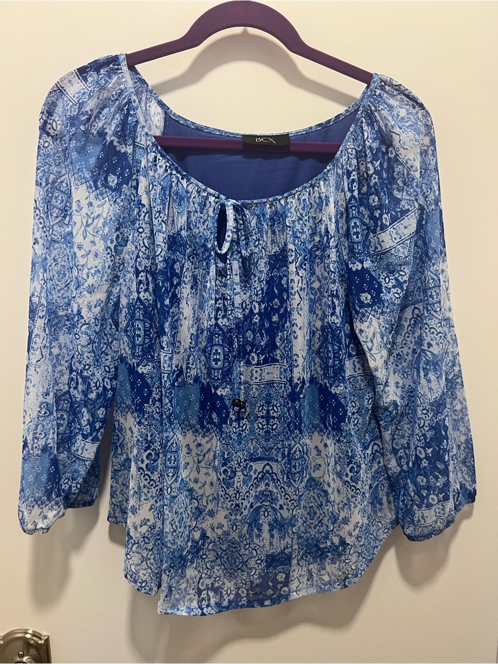 BCX Blue & White Printed Peasant Top